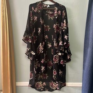 Sheer Floral Kimono Black Cardigan With Ruffle Sleeves